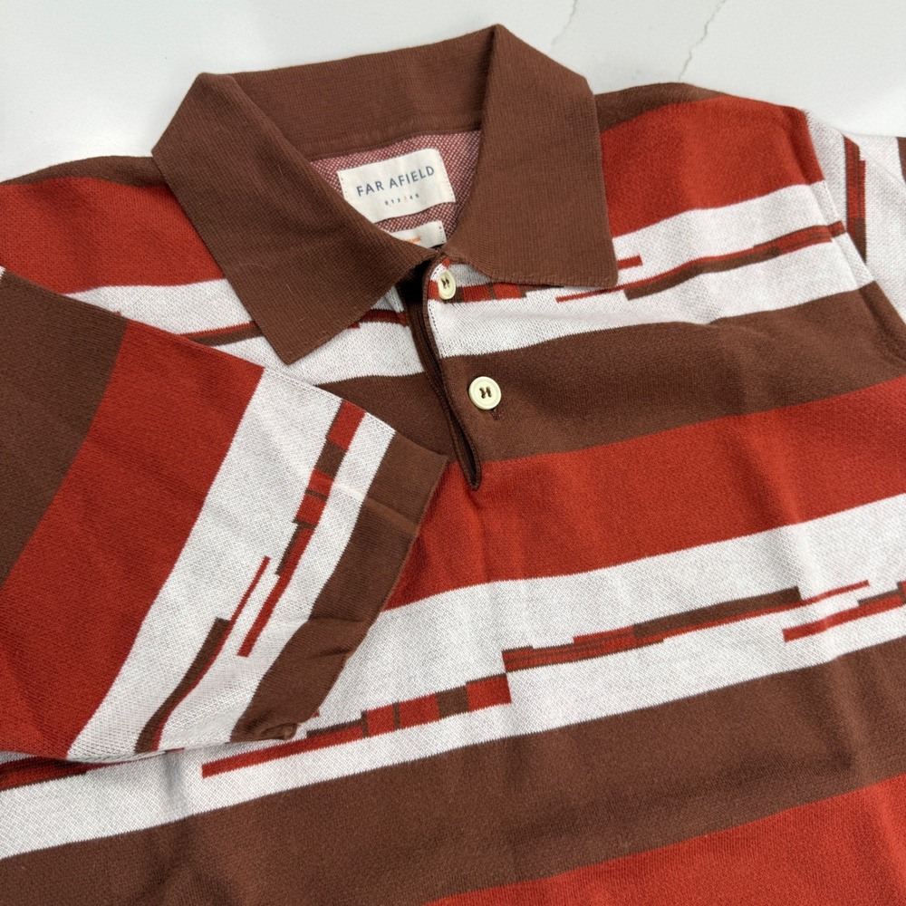 Far Afield Knit Polo Mens L‎ Brown Striped Colorful Preppy 100% Organic Cotton